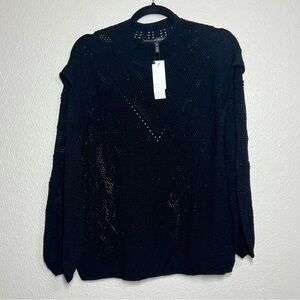 White House Black Market WHBM Crewneck Sweater Black Open Knit Size XL Stretch